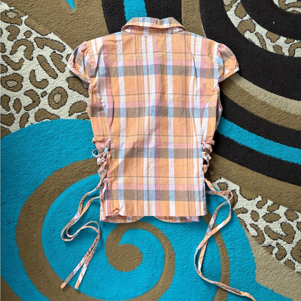 Junction West Petite Plaid Button-Up Cap Sleeve Vest with Side Corset Ties - Picture 2 of 6